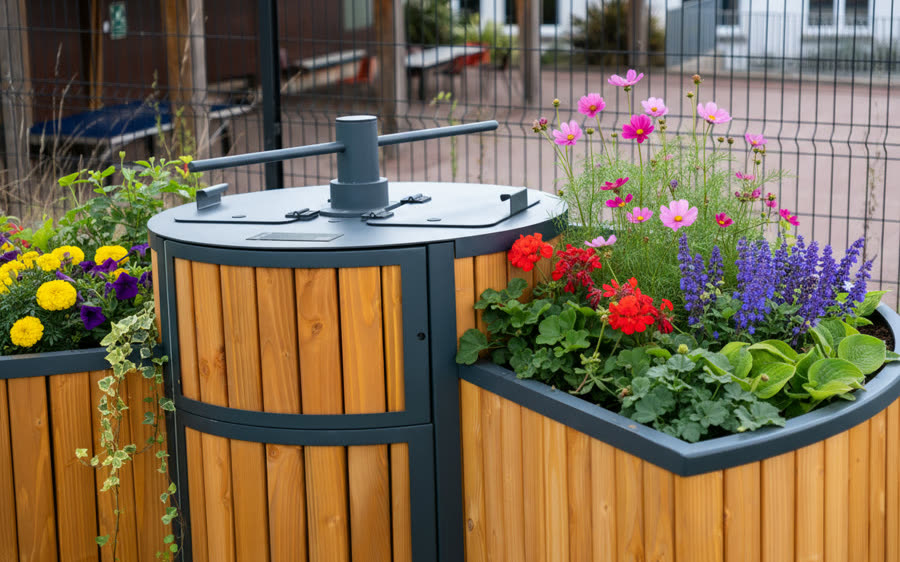Jardin composteur fleuri dans la cour d’un établissement de santé
